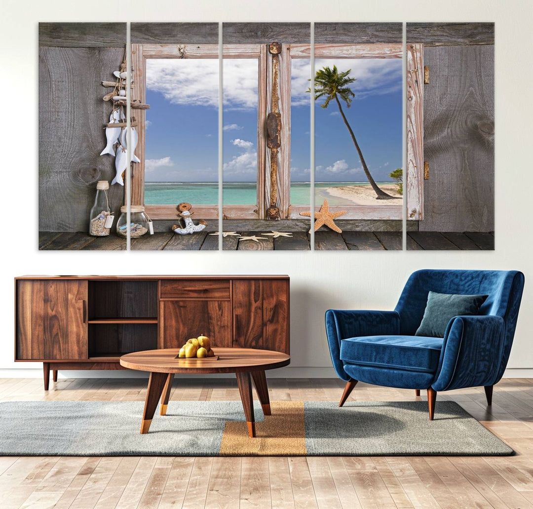 Window Wall Art Relaxing Beach Starfish Seashells Nautical Art Ocean, Relaxing Beach Window Wall Art Canvas