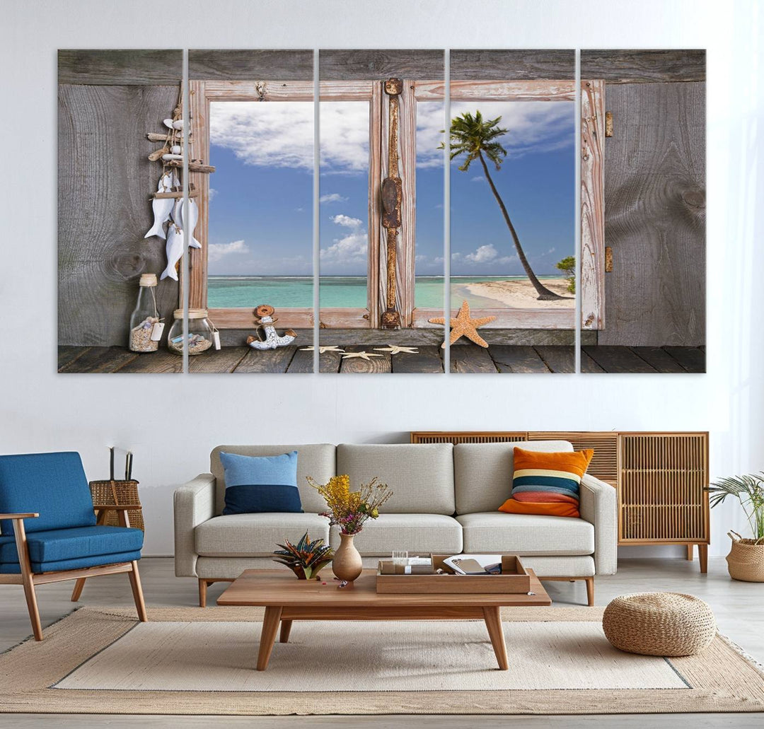 Window Wall Art Relaxing Beach Starfish Seashells Nautical Art Ocean, Relaxing Beach Window Wall Art Canvas