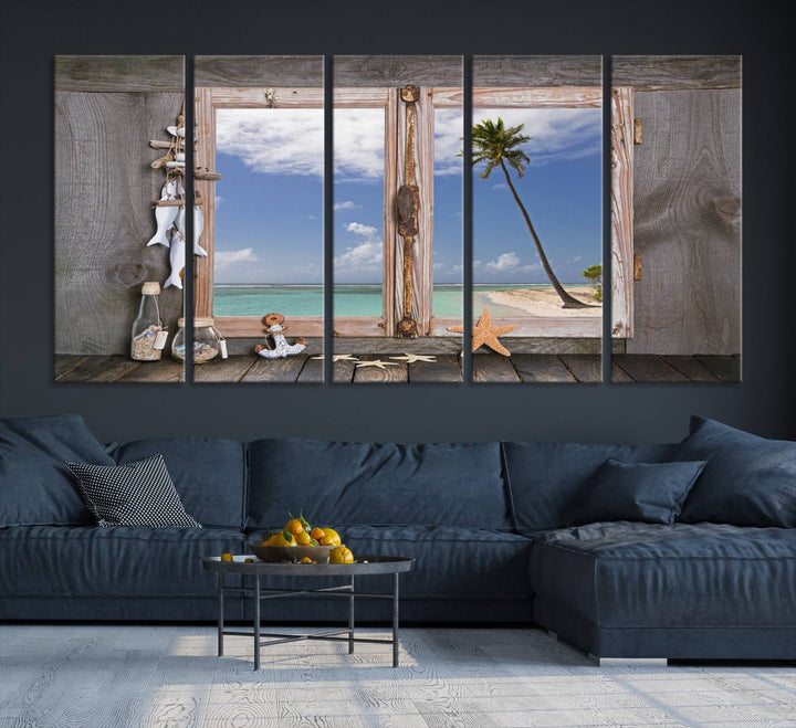 Window Wall Art Relaxing Beach Starfish Seashells Nautical Art Ocean, Relaxing Beach Window Wall Art Canvas