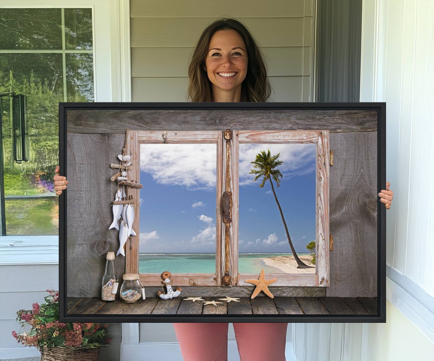 17329-MGV-CV-36X24-Window Wall Art Relaxing Beach Starfish Seashells Nautical Art Ocean, Relaxing Beach Window Wall Art