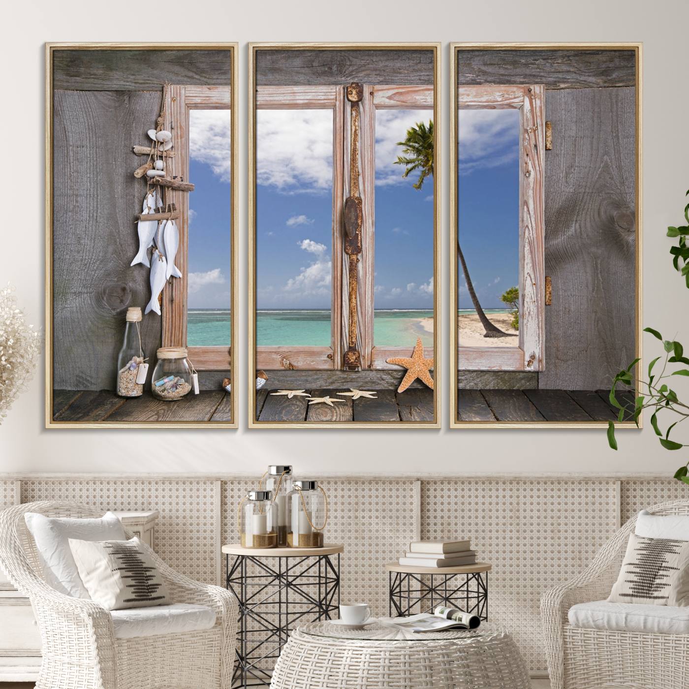 17329-MGV-CV-36X24-Window Wall Art Relaxing Beach Starfish Seashells Nautical Art Ocean, Relaxing Beach Window Wall Art Canvas