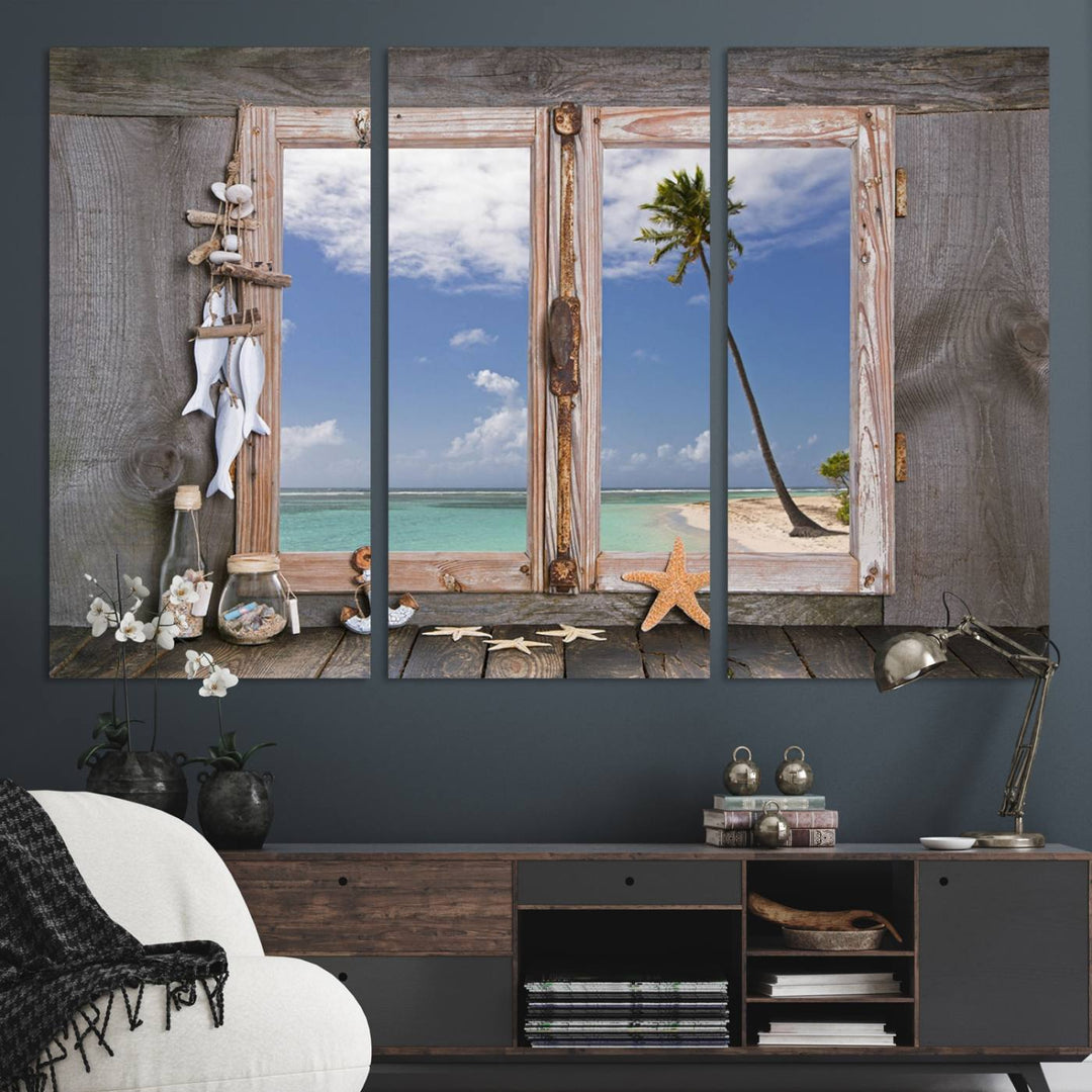 Window Wall Art Relaxing Beach Starfish Seashells Nautical Art Ocean, Relaxing Beach Window Wall Art Canvas