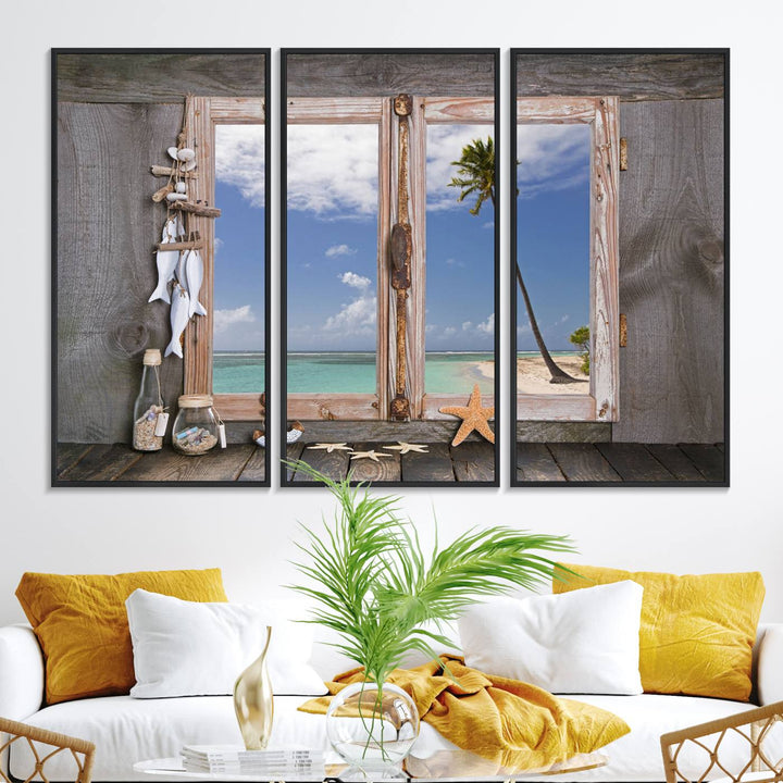 17329-MGV-FC-48X32-3P_Black-Window Wall Art Relaxing Beach Starfish Seashells Nautical Art Ocean, Relaxing Beach Window Wall Art Canvas