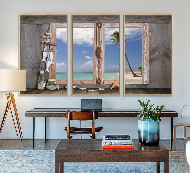 17329-MGV-FC-48X32-3P_Natural-Window Wall Art Relaxing Beach Starfish Seashells Nautical Art Ocean, Relaxing Beach Window Wall Art Canvas