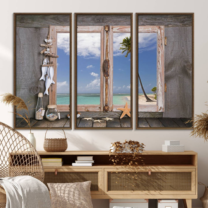 17329-MGV-FC-48X32-3P_Walnut-Window Wall Art Relaxing Beach Starfish Seashells Nautical Art Ocean, Relaxing Beach Window Wall Art Canvas