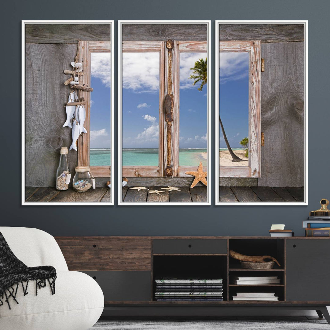 17329-MGV-FC-48X32-3P_White-Window Wall Art Relaxing Beach Starfish Seashells Nautical Art Ocean, Relaxing Beach Window Wall Art Canvas