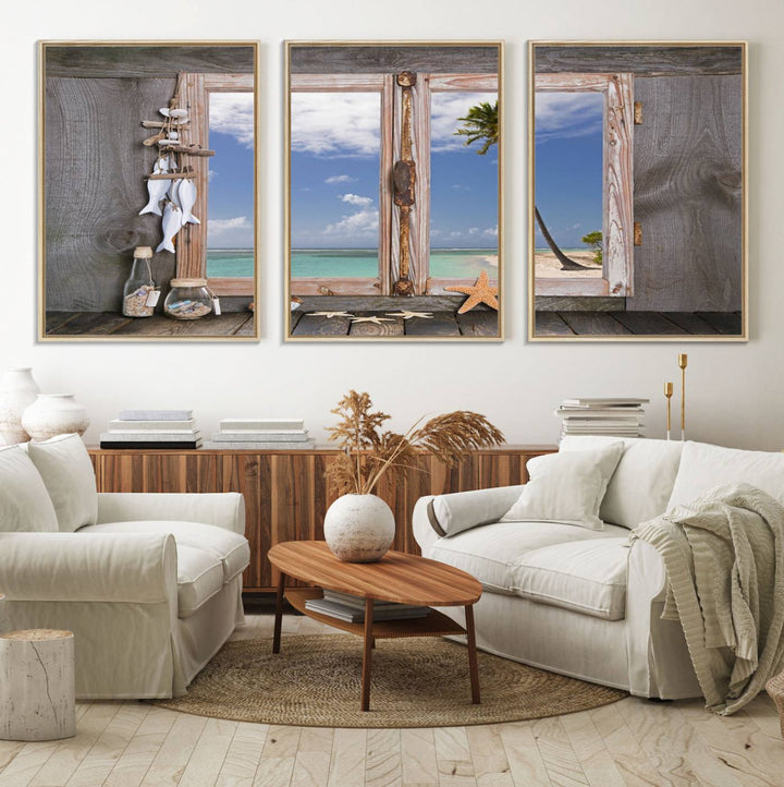 17329-MGV-FC-60X30-3P_Natural-Window Wall Art Relaxing Beach Starfish Seashells Nautical Art Ocean, Relaxing Beach Window Wall Art Canvas
