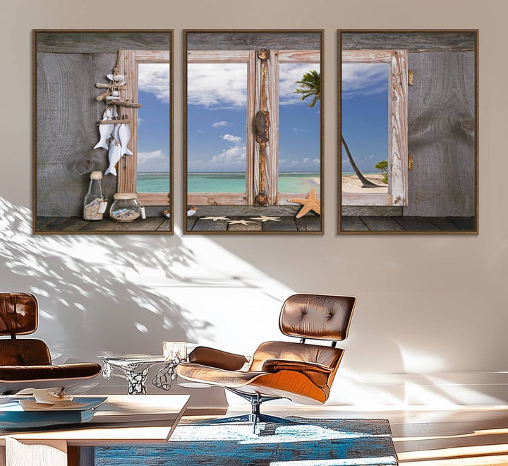 17329-MGV-FC-60X30-3P_Walnut-Window Wall Art Relaxing Beach Starfish Seashells Nautical Art Ocean, Relaxing Beach Window Wall Art Canvas