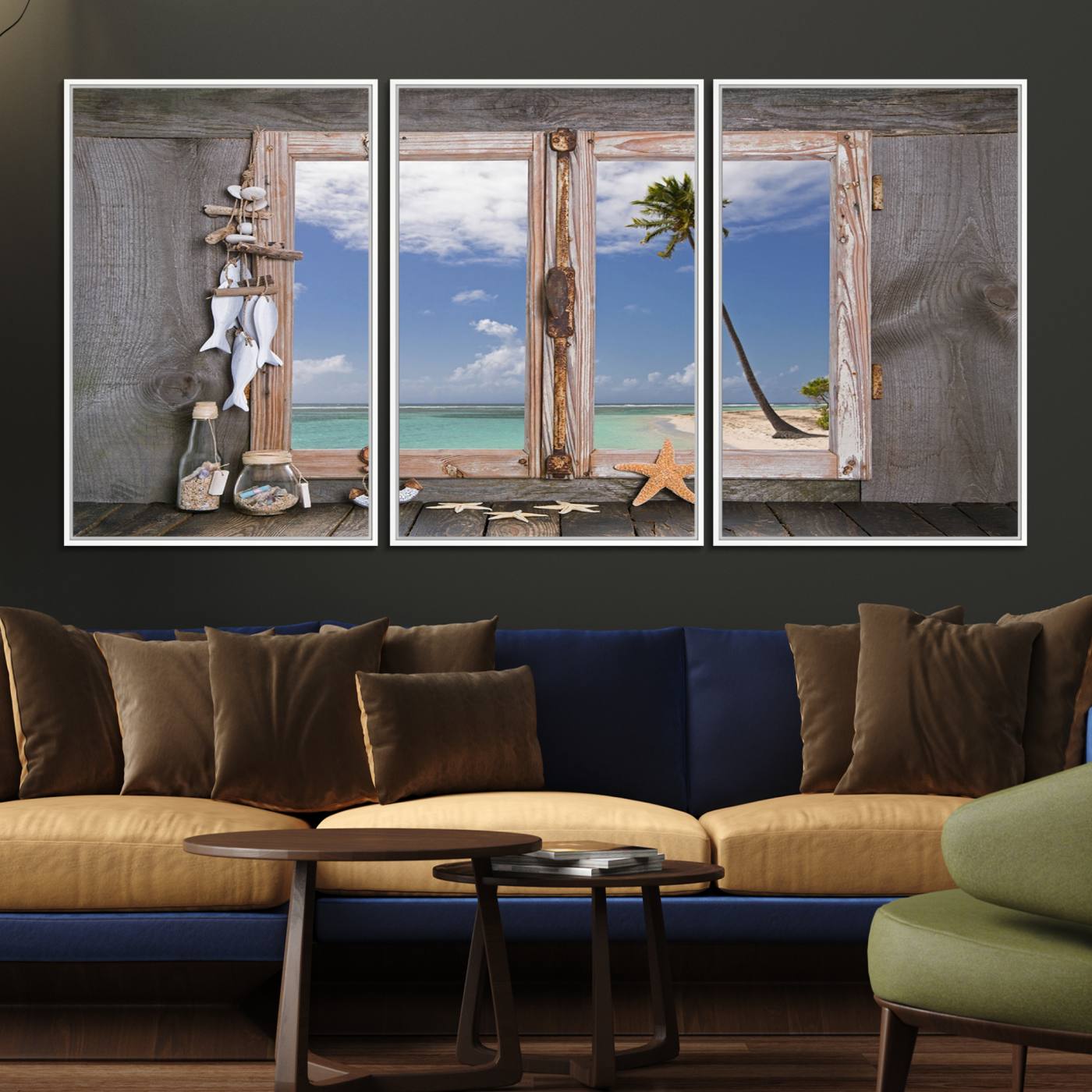 17329-MGV-FC-60X30-3P_White-Window Wall Art Relaxing Beach Starfish Seashells Nautical Art Ocean, Relaxing Beach Window Wall Art Canvas