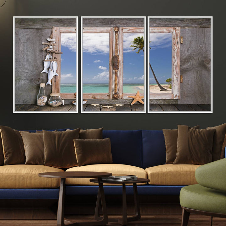 17329-MGV-FC-60X30-3P_White-Window Wall Art Relaxing Beach Starfish Seashells Nautical Art Ocean, Relaxing Beach Window Wall Art Canvas
