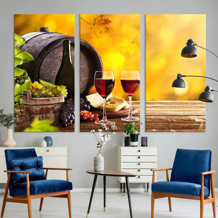 The "Wine Wall Art Canvas Print Winery Wine Printing," housed in a wooden frame, artistically showcases wine, grapes, and cheese within its design. These ready-to-hang canvas prints effortlessly enhance any space with a touch of elegance.