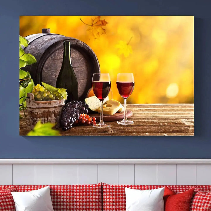 The "Wine Wall Art Canvas Print Winery Wine Printing," housed in a wooden frame, artistically showcases wine, grapes, and cheese within its design. These ready-to-hang canvas prints effortlessly enhance any space with a touch of elegance.