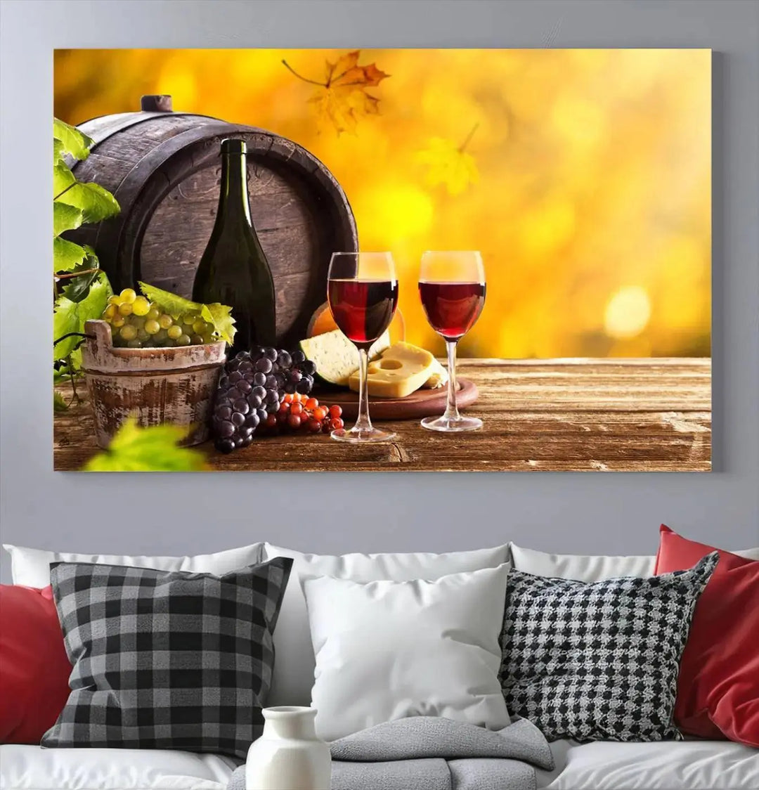 The "Wine Wall Art Canvas Print Winery Wine Printing," housed in a wooden frame, artistically showcases wine, grapes, and cheese within its design. These ready-to-hang canvas prints effortlessly enhance any space with a touch of elegance.