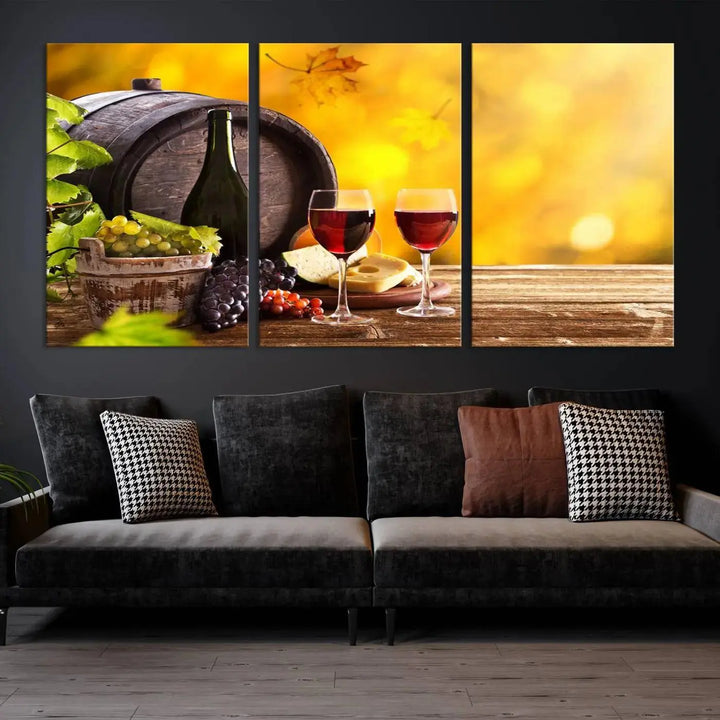 The "Wine Wall Art Canvas Print Winery Wine Printing," housed in a wooden frame, artistically showcases wine, grapes, and cheese within its design. These ready-to-hang canvas prints effortlessly enhance any space with a touch of elegance.