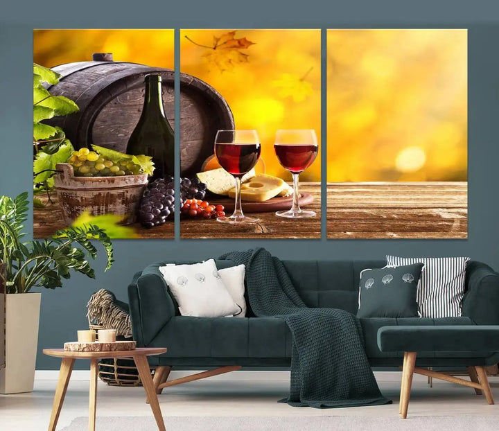 The "Wine Wall Art Canvas Print Winery Wine Printing," housed in a wooden frame, artistically showcases wine, grapes, and cheese within its design. These ready-to-hang canvas prints effortlessly enhance any space with a touch of elegance.