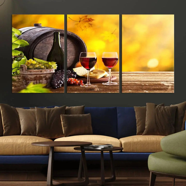 The "Wine Wall Art Canvas Print Winery Wine Printing," housed in a wooden frame, artistically showcases wine, grapes, and cheese within its design. These ready-to-hang canvas prints effortlessly enhance any space with a touch of elegance.