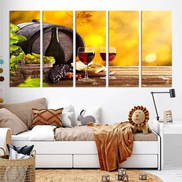 The "Wine Wall Art Canvas Print Winery Wine Printing," housed in a wooden frame, artistically showcases wine, grapes, and cheese within its design. These ready-to-hang canvas prints effortlessly enhance any space with a touch of elegance.