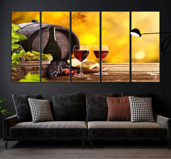 The "Wine Wall Art Canvas Print Winery Wine Printing," housed in a wooden frame, artistically showcases wine, grapes, and cheese within its design. These ready-to-hang canvas prints effortlessly enhance any space with a touch of elegance.