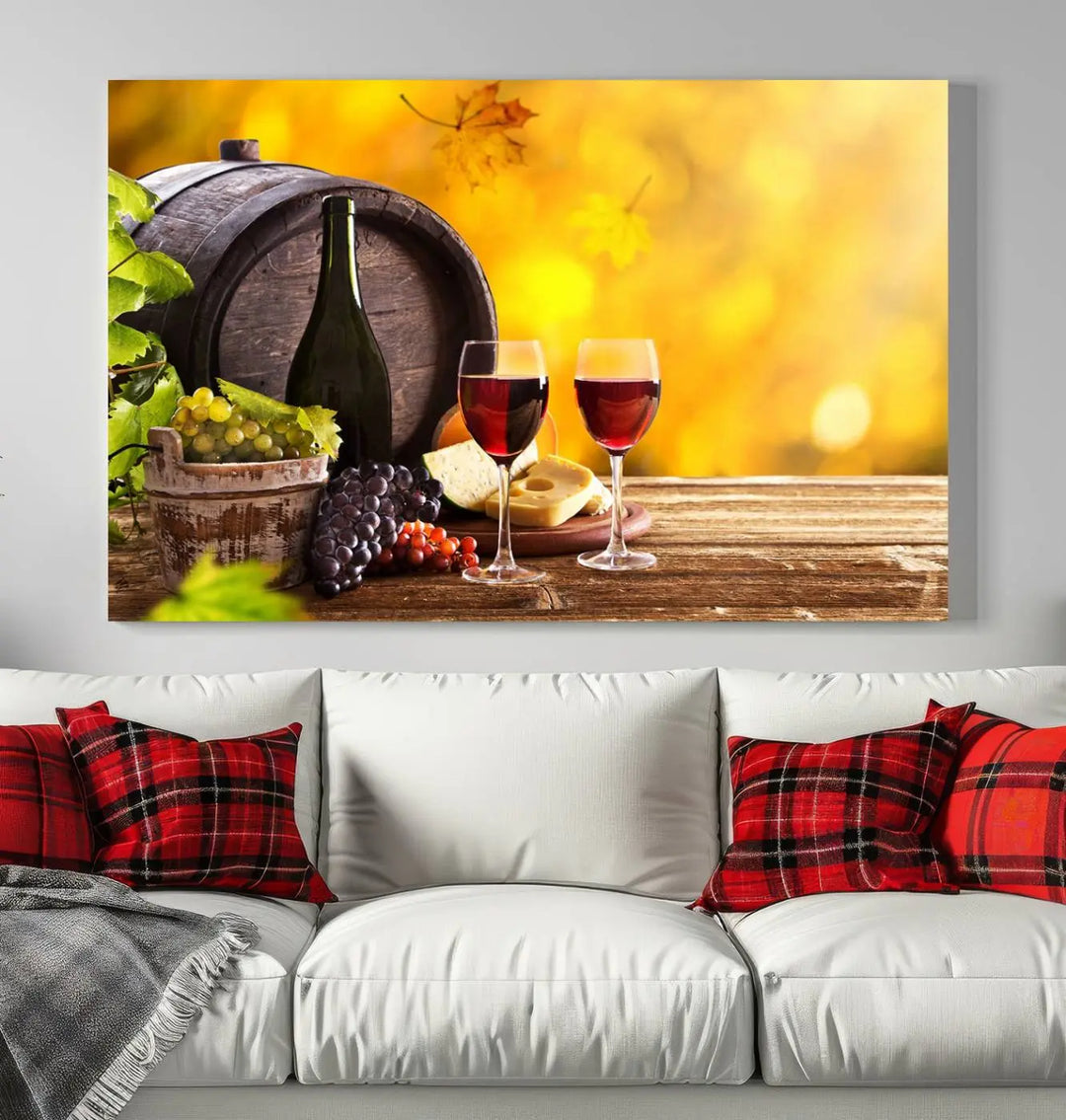 The "Wine Wall Art Canvas Print Winery Wine Printing," housed in a wooden frame, artistically showcases wine, grapes, and cheese within its design. These ready-to-hang canvas prints effortlessly enhance any space with a touch of elegance.