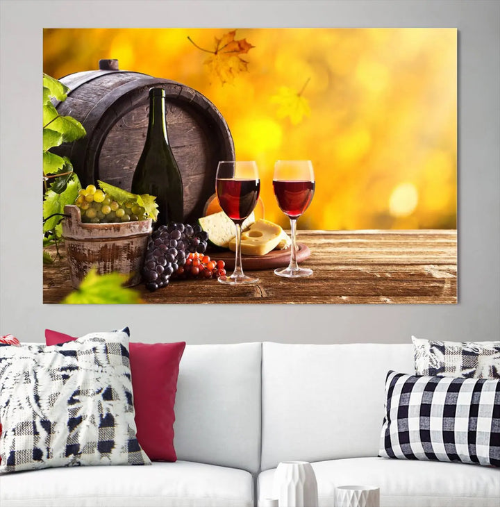 The "Wine Wall Art Canvas Print Winery Wine Printing," housed in a wooden frame, artistically showcases wine, grapes, and cheese within its design. These ready-to-hang canvas prints effortlessly enhance any space with a touch of elegance.