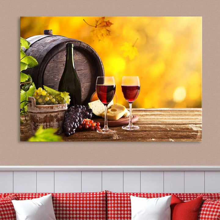 The "Wine Wall Art Canvas Print Winery Wine Printing," housed in a wooden frame, artistically showcases wine, grapes, and cheese within its design. These ready-to-hang canvas prints effortlessly enhance any space with a touch of elegance.