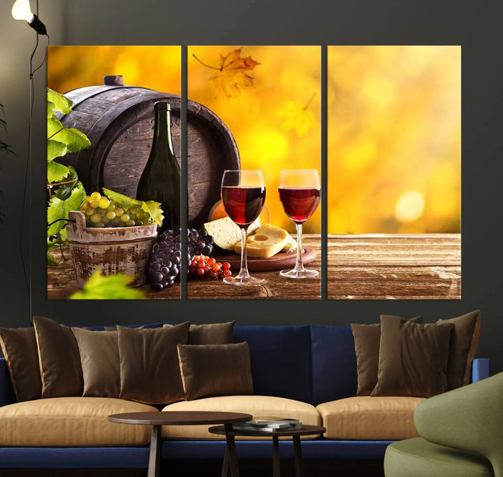 The "Wine Wall Art Canvas Print Winery Wine Printing," housed in a wooden frame, artistically showcases wine, grapes, and cheese within its design. These ready-to-hang canvas prints effortlessly enhance any space with a touch of elegance.