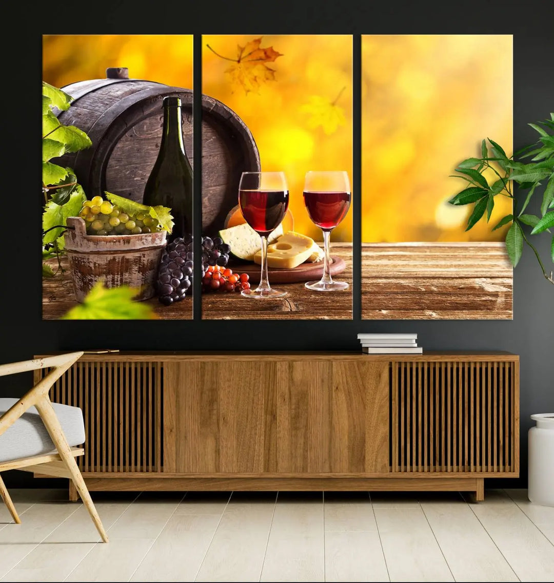 The "Wine Wall Art Canvas Print Winery Wine Printing," housed in a wooden frame, artistically showcases wine, grapes, and cheese within its design. These ready-to-hang canvas prints effortlessly enhance any space with a touch of elegance.