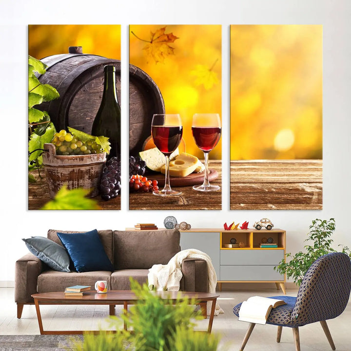 The "Wine Wall Art Canvas Print Winery Wine Printing," housed in a wooden frame, artistically showcases wine, grapes, and cheese within its design. These ready-to-hang canvas prints effortlessly enhance any space with a touch of elegance.