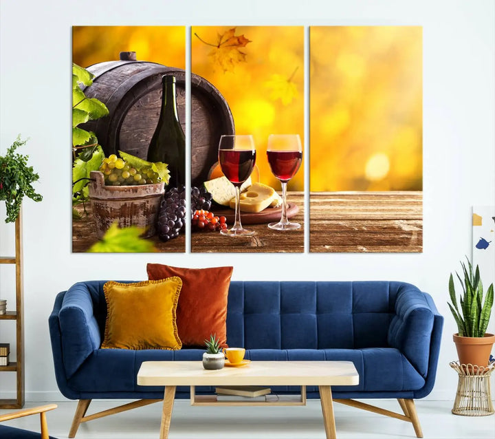 The "Wine Wall Art Canvas Print Winery Wine Printing," housed in a wooden frame, artistically showcases wine, grapes, and cheese within its design. These ready-to-hang canvas prints effortlessly enhance any space with a touch of elegance.