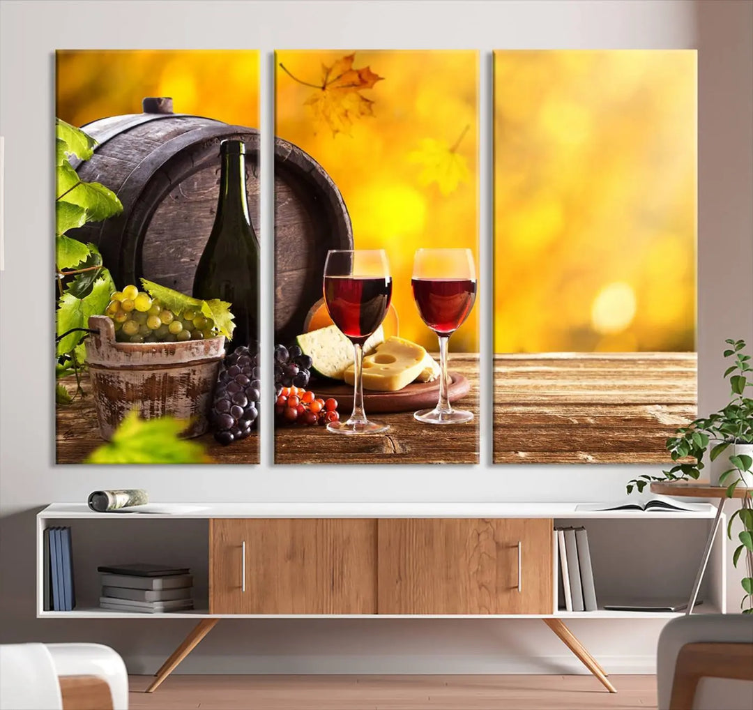 The "Wine Wall Art Canvas Print Winery Wine Printing," housed in a wooden frame, artistically showcases wine, grapes, and cheese within its design. These ready-to-hang canvas prints effortlessly enhance any space with a touch of elegance.