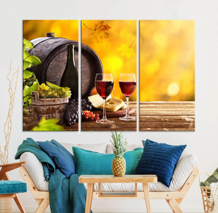 The "Wine Wall Art Canvas Print Winery Wine Printing," housed in a wooden frame, artistically showcases wine, grapes, and cheese within its design. These ready-to-hang canvas prints effortlessly enhance any space with a touch of elegance.