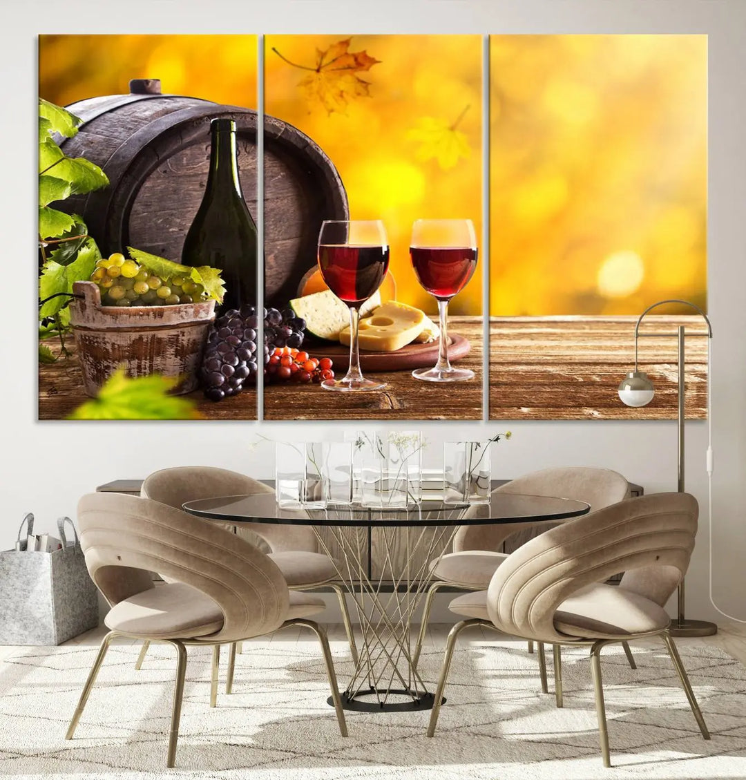 The "Wine Wall Art Canvas Print Winery Wine Printing," housed in a wooden frame, artistically showcases wine, grapes, and cheese within its design. These ready-to-hang canvas prints effortlessly enhance any space with a touch of elegance.