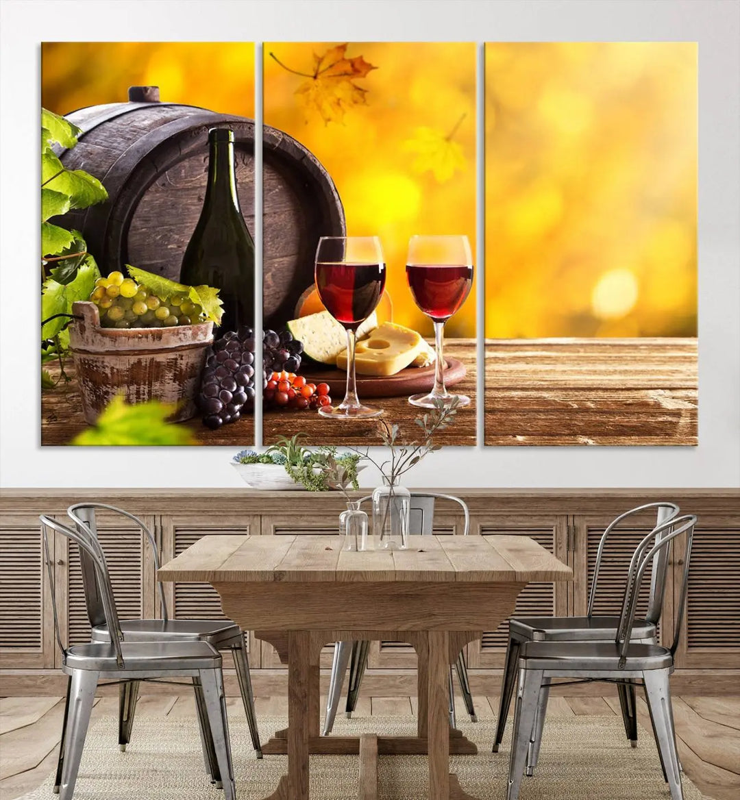 The "Wine Wall Art Canvas Print Winery Wine Printing," housed in a wooden frame, artistically showcases wine, grapes, and cheese within its design. These ready-to-hang canvas prints effortlessly enhance any space with a touch of elegance.