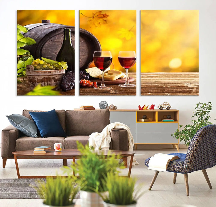 The "Wine Wall Art Canvas Print Winery Wine Printing," housed in a wooden frame, artistically showcases wine, grapes, and cheese within its design. These ready-to-hang canvas prints effortlessly enhance any space with a touch of elegance.