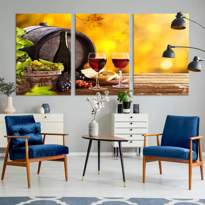 The "Wine Wall Art Canvas Print Winery Wine Printing," housed in a wooden frame, artistically showcases wine, grapes, and cheese within its design. These ready-to-hang canvas prints effortlessly enhance any space with a touch of elegance.