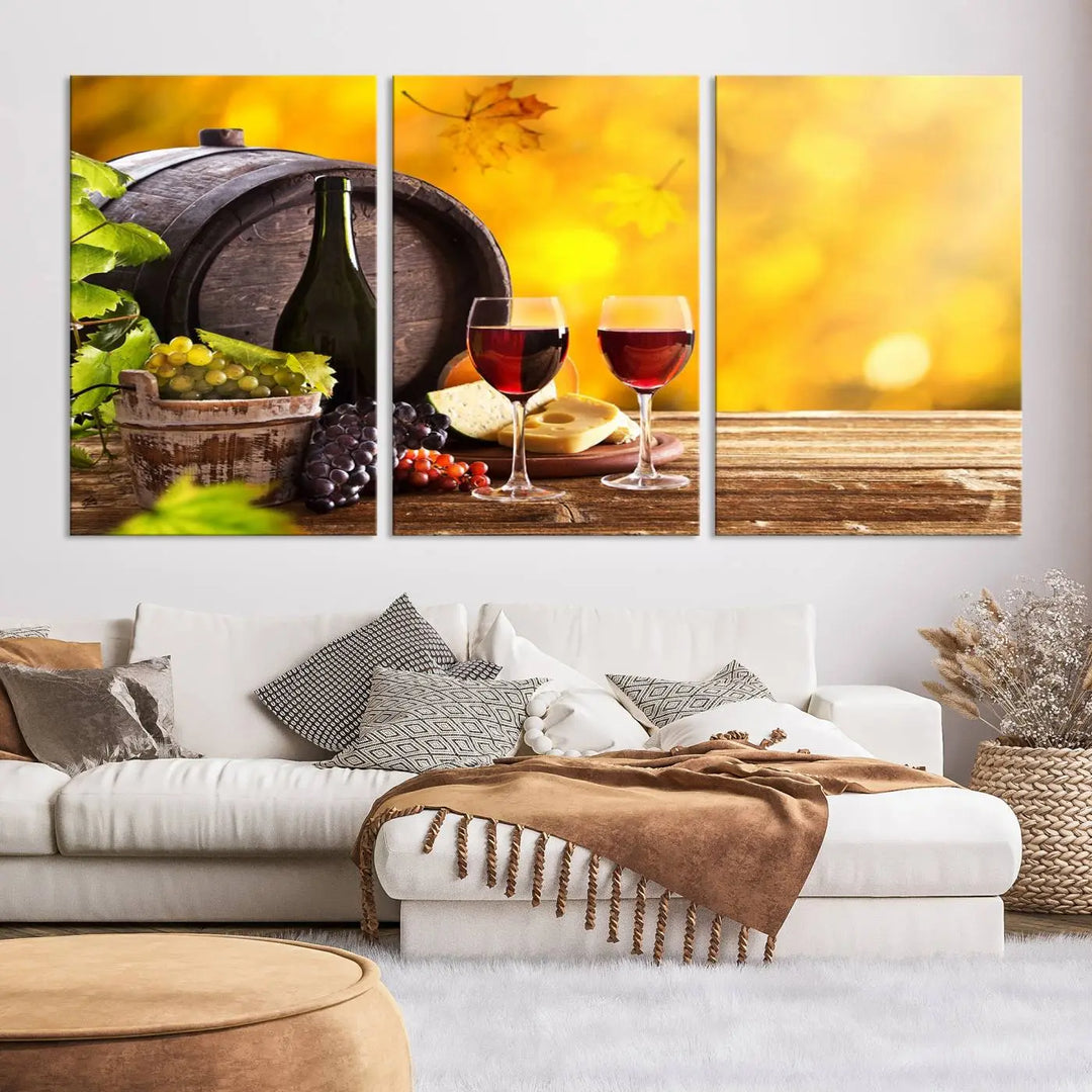 The "Wine Wall Art Canvas Print Winery Wine Printing," housed in a wooden frame, artistically showcases wine, grapes, and cheese within its design. These ready-to-hang canvas prints effortlessly enhance any space with a touch of elegance.