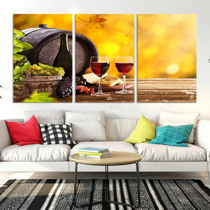 The "Wine Wall Art Canvas Print Winery Wine Printing," housed in a wooden frame, artistically showcases wine, grapes, and cheese within its design. These ready-to-hang canvas prints effortlessly enhance any space with a touch of elegance.