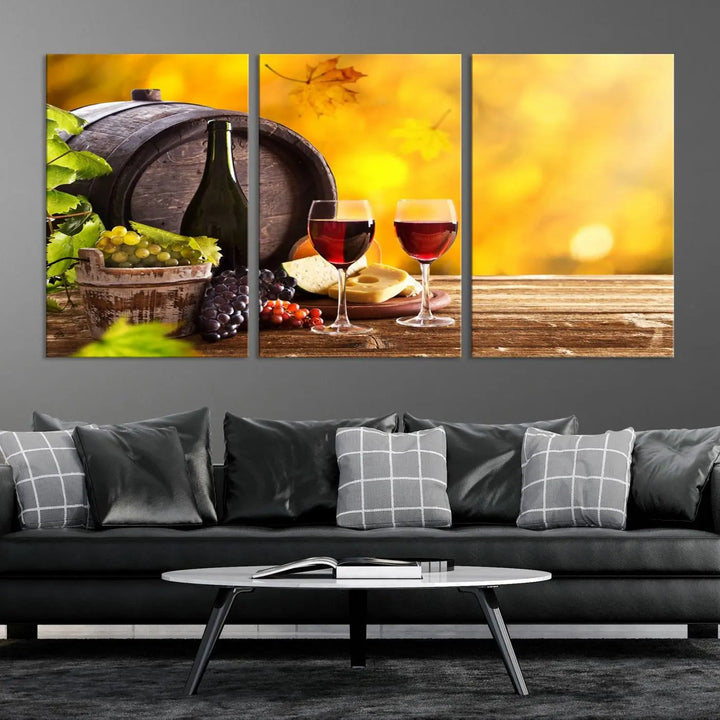 The "Wine Wall Art Canvas Print Winery Wine Printing," housed in a wooden frame, artistically showcases wine, grapes, and cheese within its design. These ready-to-hang canvas prints effortlessly enhance any space with a touch of elegance.