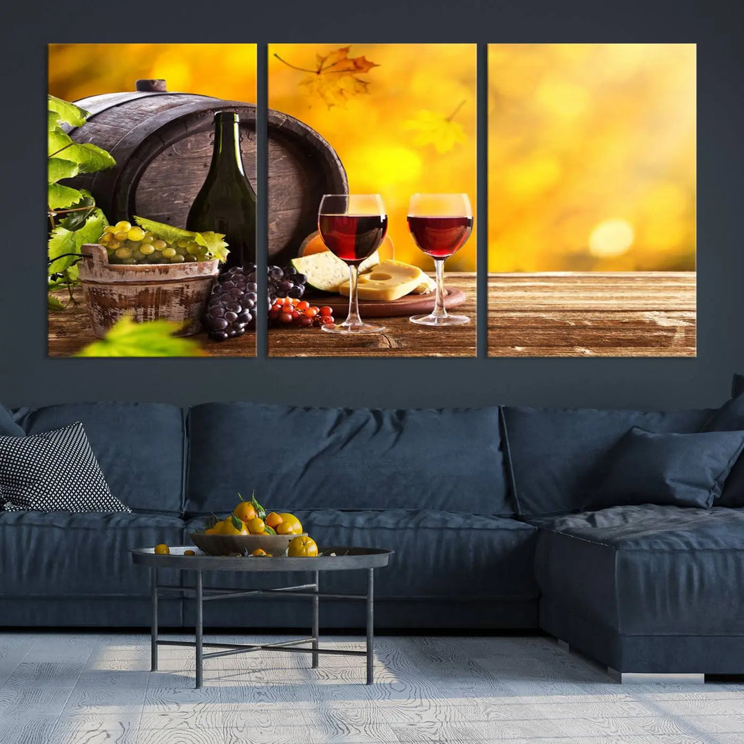 The "Wine Wall Art Canvas Print Winery Wine Printing," housed in a wooden frame, artistically showcases wine, grapes, and cheese within its design. These ready-to-hang canvas prints effortlessly enhance any space with a touch of elegance.