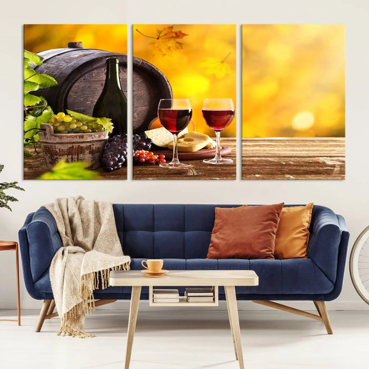 The "Wine Wall Art Canvas Print Winery Wine Printing," housed in a wooden frame, artistically showcases wine, grapes, and cheese within its design. These ready-to-hang canvas prints effortlessly enhance any space with a touch of elegance.