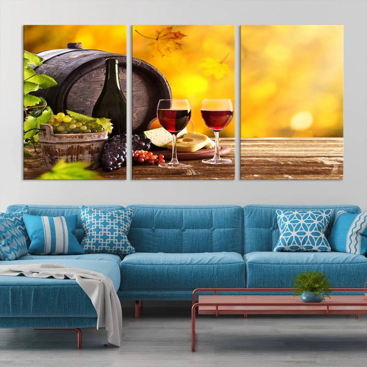 The "Wine Wall Art Canvas Print Winery Wine Printing," housed in a wooden frame, artistically showcases wine, grapes, and cheese within its design. These ready-to-hang canvas prints effortlessly enhance any space with a touch of elegance.