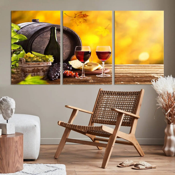 The "Wine Wall Art Canvas Print Winery Wine Printing," housed in a wooden frame, artistically showcases wine, grapes, and cheese within its design. These ready-to-hang canvas prints effortlessly enhance any space with a touch of elegance.