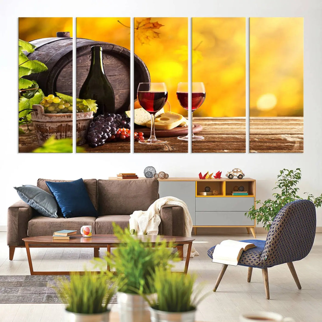 The "Wine Wall Art Canvas Print Winery Wine Printing," housed in a wooden frame, artistically showcases wine, grapes, and cheese within its design. These ready-to-hang canvas prints effortlessly enhance any space with a touch of elegance.