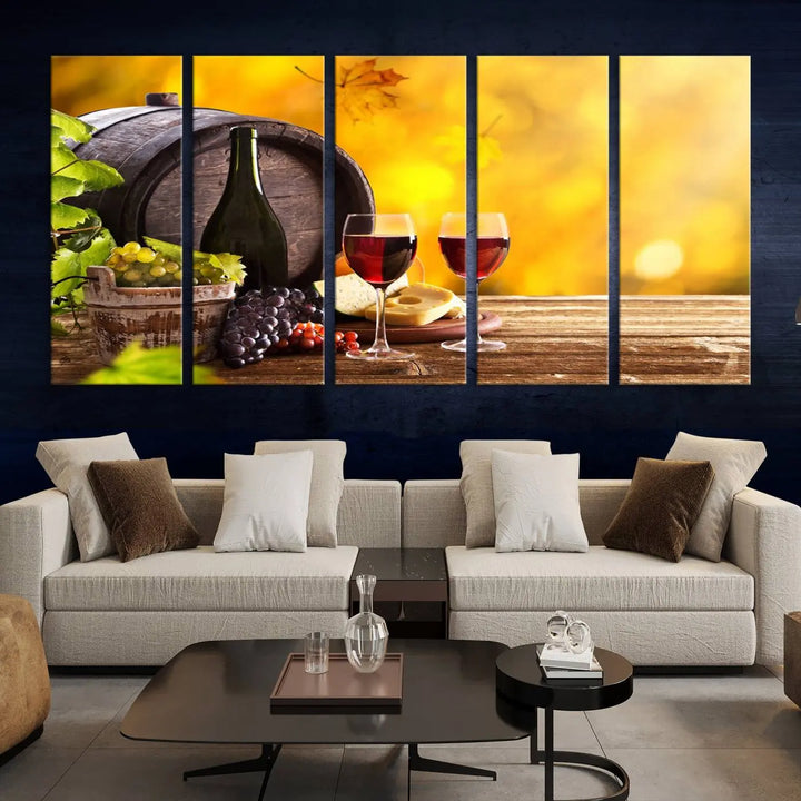 The "Wine Wall Art Canvas Print Winery Wine Printing," housed in a wooden frame, artistically showcases wine, grapes, and cheese within its design. These ready-to-hang canvas prints effortlessly enhance any space with a touch of elegance.