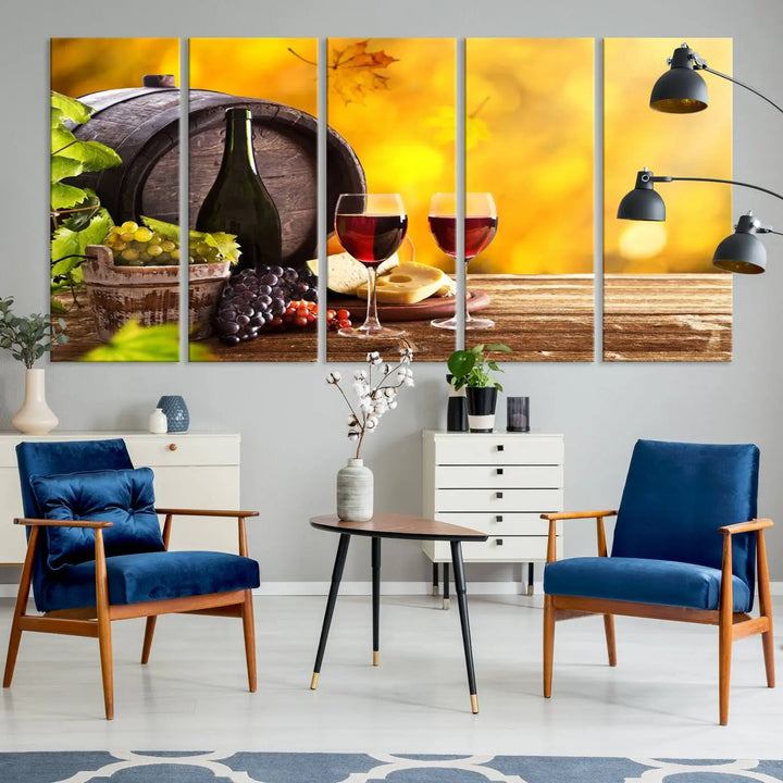 The "Wine Wall Art Canvas Print Winery Wine Printing," housed in a wooden frame, artistically showcases wine, grapes, and cheese within its design. These ready-to-hang canvas prints effortlessly enhance any space with a touch of elegance.