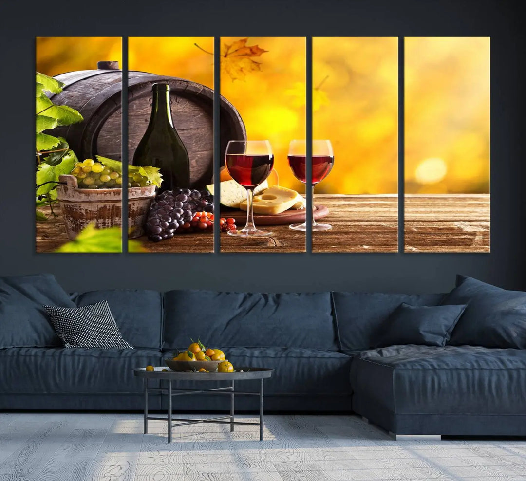 The "Wine Wall Art Canvas Print Winery Wine Printing," housed in a wooden frame, artistically showcases wine, grapes, and cheese within its design. These ready-to-hang canvas prints effortlessly enhance any space with a touch of elegance.