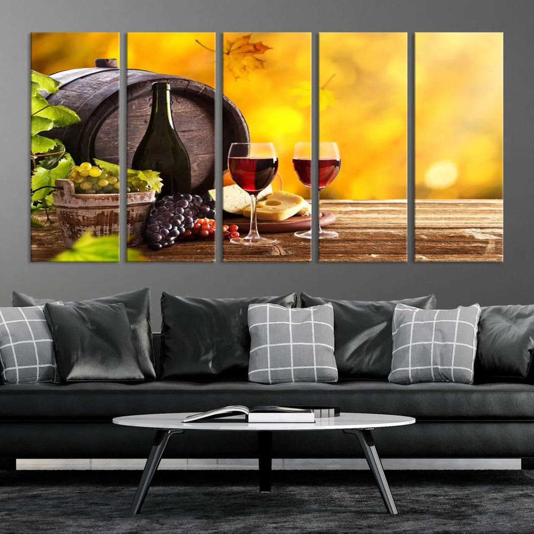 The "Wine Wall Art Canvas Print Winery Wine Printing," housed in a wooden frame, artistically showcases wine, grapes, and cheese within its design. These ready-to-hang canvas prints effortlessly enhance any space with a touch of elegance.