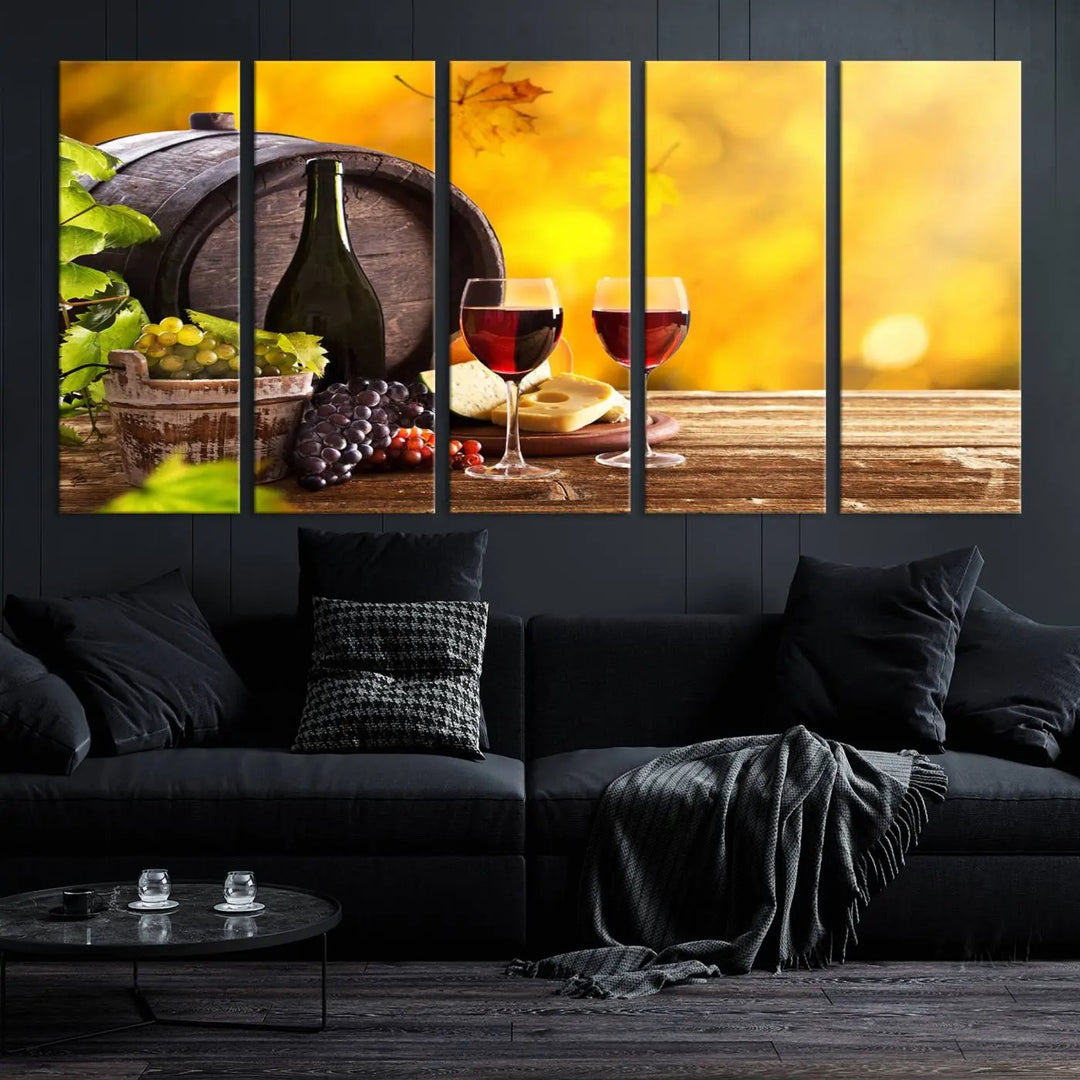 The "Wine Wall Art Canvas Print Winery Wine Printing," housed in a wooden frame, artistically showcases wine, grapes, and cheese within its design. These ready-to-hang canvas prints effortlessly enhance any space with a touch of elegance.