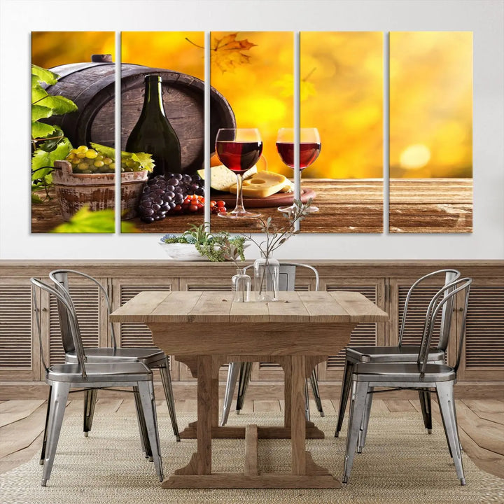 The "Wine Wall Art Canvas Print Winery Wine Printing," housed in a wooden frame, artistically showcases wine, grapes, and cheese within its design. These ready-to-hang canvas prints effortlessly enhance any space with a touch of elegance.