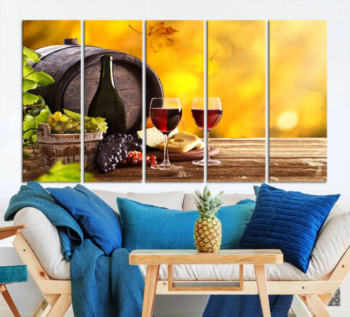 The "Wine Wall Art Canvas Print Winery Wine Printing," housed in a wooden frame, artistically showcases wine, grapes, and cheese within its design. These ready-to-hang canvas prints effortlessly enhance any space with a touch of elegance.